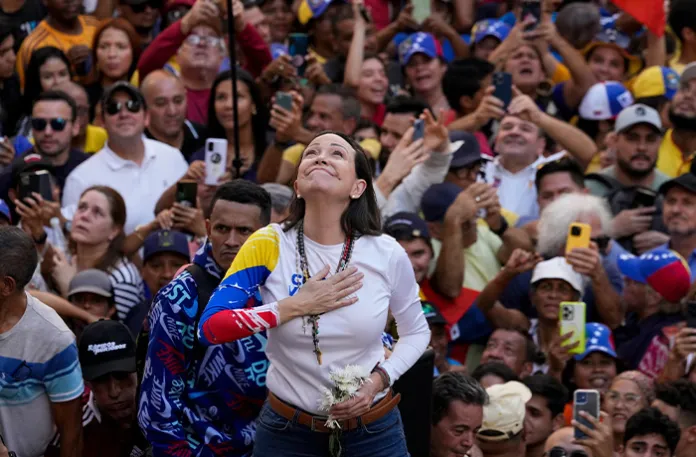 María Corina Machado addresses supporters at a protest against President Nicolas Maduro in Caracas, Venezuela on Jan. 9, 2025, a day ahead of Maduro’s inauguration. (Ariana Cubillos/AP)