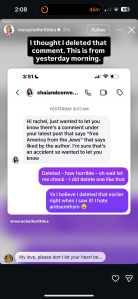 Screen grab of a user calling out Ms. Rachel for liking an anti-semitic comment.