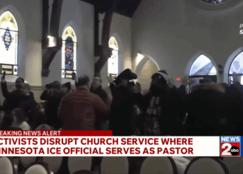 Leftists storming a church.