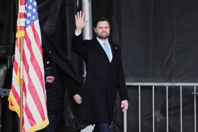 Vice President JD Vance waves to the crowd before speaking during a rally ahead of the March for Life in Washington, Friday, Jan. 23, 2026.