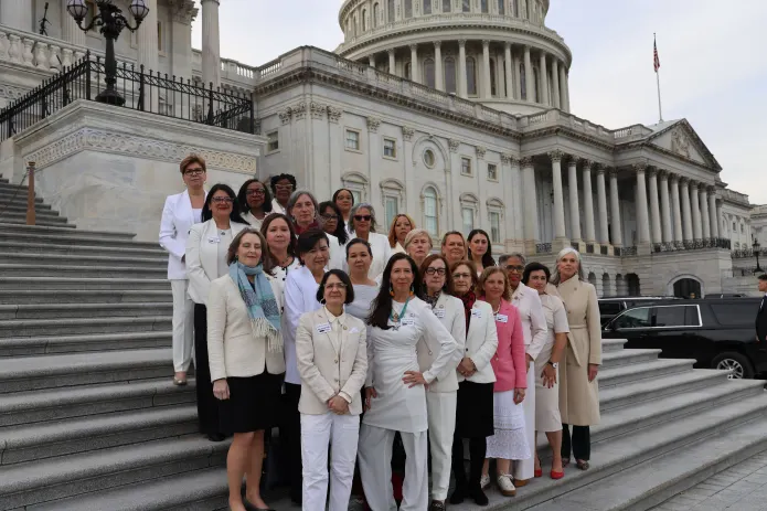 Members of the Democratic Women's Caucus wear white to honor suffragettes and the Jeffrey Epstein victims ahead of President Donald Trump's State of the Union. (Provided to the Washington Examiner)