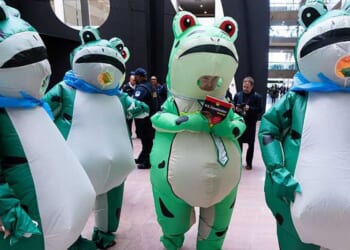Anti-ICE inflatable frogs join Democrats at State of the Union counter event