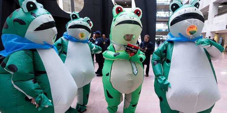 Anti-ICE inflatable frogs join Democrats at State of the Union counter event