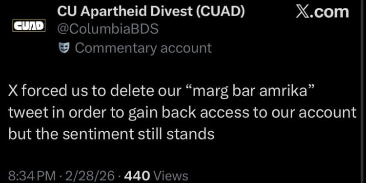 Columbia U Students for Justice in Palestine Tweet 'Death to America'