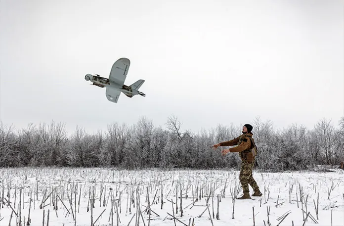 A Ukrainian soldier flies a reconnaissance drone in the direction of Kostiantynivka, amid the ongoing Russia-Ukraine war in Donetsk Oblast, Ukraine on January 22, 2026. (Diego Herrera Carcedo/Anadolu via Getty Images)