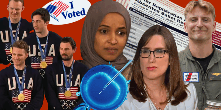 hot or not collage including USA olympic men's hockey team members, 'Sarah' Mcbride, and an 'I voted' sticker