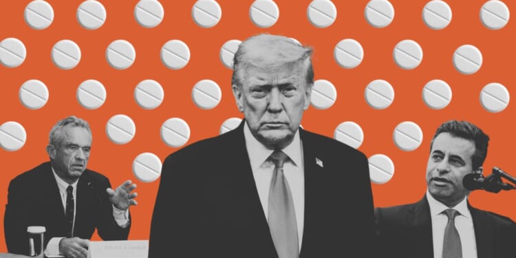 Trump, Kennedy, and Makary surrounded by pills