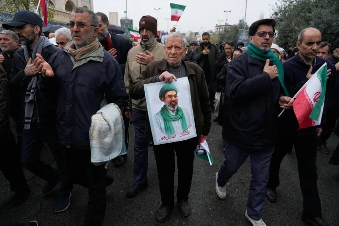 Iranians march in the street supporting Supreme Leader Ayatollah Mojtaba Khamenei