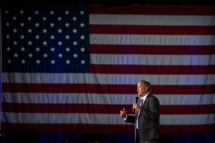 Texas Attorney General Ken Paxton speaks at the Ronald Reagan dinner during the Conservative Political Action Conference (CPAC) in Dallas, Friday, March 27, 2026. (AP Photo/Gabriela Passos)