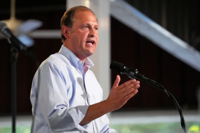 Rep. Andy Barr, R-Ky., speaks at the annual Fancy Farm picnic, Aug. 2, 2025, in Fancy Farm, Ky