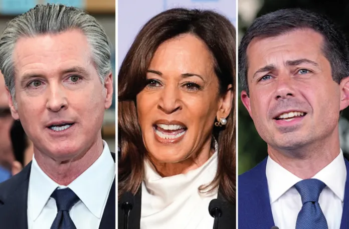 Left to right: Gavin Newsom, Kamala Harris, Pete Buttigieg (Godofredo A. Vásquez/AP; Susan Walsh/AP)