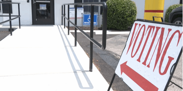 A voting sign in front of a polling station as early voting continues in Virginia's April referendum.