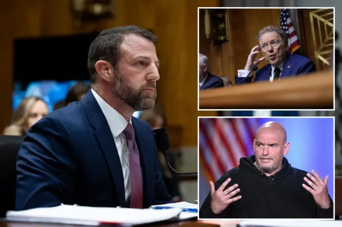 Sen. Markwayne Mullin (R-OK), left, testifies before the Senate homeland security committee on March 18, 2026, in Washington. Pictured in the top right is Sen. Rand Paul (R-KY), and in the bottom right is Sen. John Fetterman (D-PA).