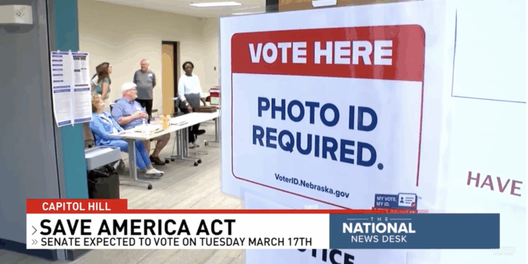 A sign at an election polling station to voters will need ID to vote.