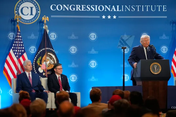 President Donald Trump speaks at the Republican Members Issues Conference.