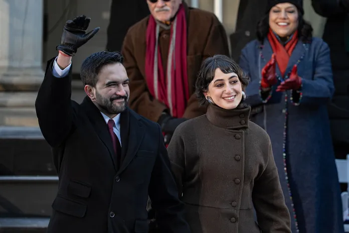 NEW YORK, NEW YORK - JANUARY 01: New York Mayor Zohran Mamdani and his wife Rama Duwaji after his ceremonial inauguration as mayor at City Hall Thursday January 1, 2026 in New York, NY. Mamdani has added a "block party" to the official inauguration events to allow thousands of New Yorkers to take part. Mamdani was officially sworn in at midnight by New York Attorney General Letitia James at the Old City Hall subway station in a private ceremony. (Photo by David Dee Delgado/Getty Images)
