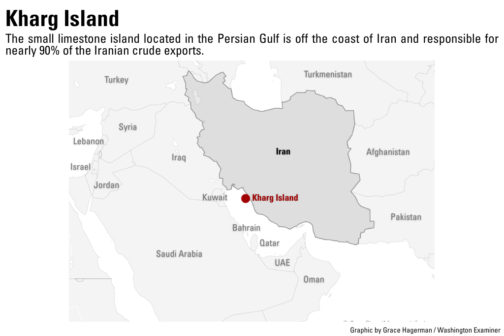 The image displays a grayscale map of Iran, noting the location of Kharg Island, along the coast of the Persian Gulf, by a red marker.