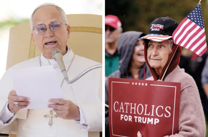 Left, Pope Leo XIV in Rome, April 8, 2026; right, a Catholics for Trump rally in Johnston, Iowa, Sept. 28, 2020. (Left, Gregorio Borgia/AP; right, Jack Kurtz/ZUMA Press/Newscom)