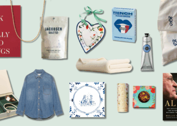 collage of items including books, cards, a blanket, denim shirt, hand cream, art, and garnishing salt