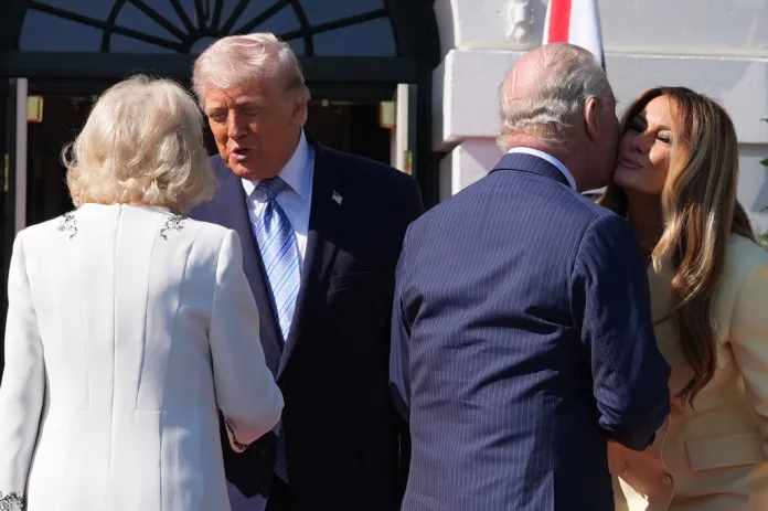 President Donald Trump and first lady Melania Trump greet Britain's King Charles III and Queen Camilla as they arrive at the White House, Monday, April 27, 2026, in Washington.