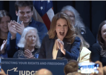 Liberal Wisconsin Supreme Court candidate Chris Taylor delivers her victory speech after Tuesday's election.