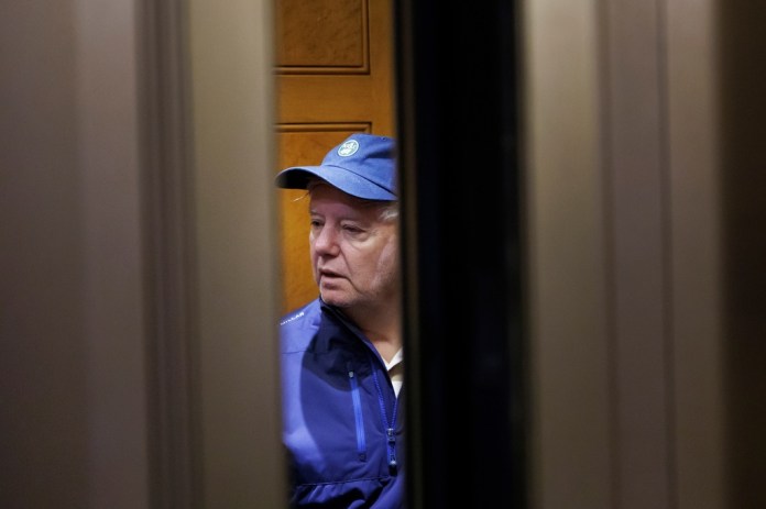 Sen. Lindsey Graham, R-S.C., speaks to reporters outside the Senate Chamber following a vote on Capitol Hill in Washington, Saturday, March 21, 2026