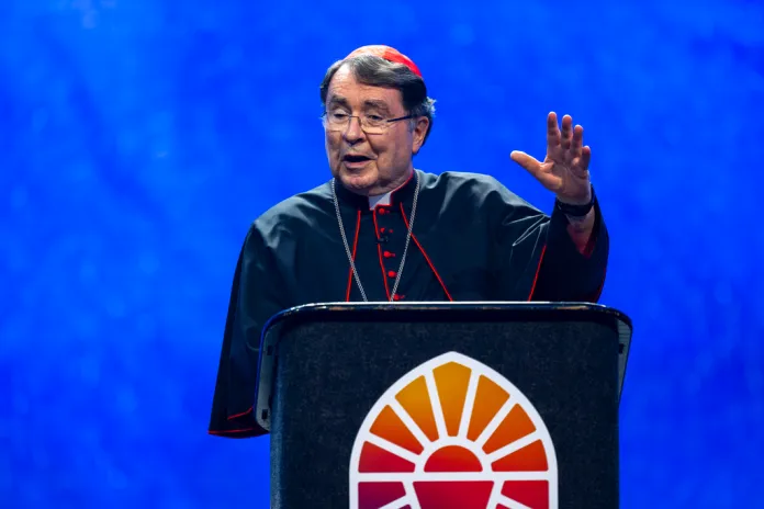 Cardinal Christophe Pierre speaks from a podium