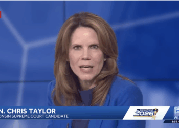 Wisconsin Supreme Court candidate Chris Taylor delivers her closing statement at a recent debate.