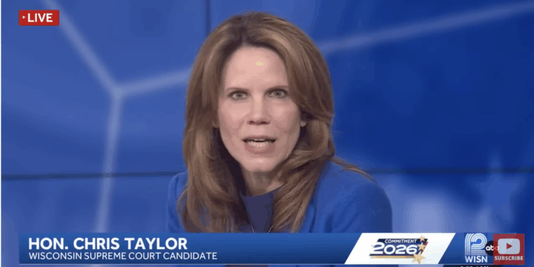 Wisconsin Supreme Court candidate Chris Taylor delivers her closing statement at a recent debate.